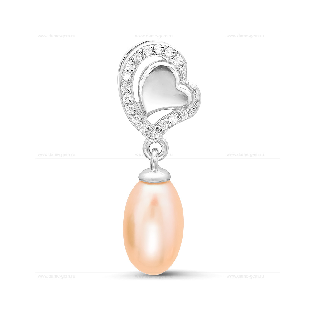 Кулон "Сердце" из серебра с розовой жемчужиной 7,5-8 мм. Артикул 11595 Кулон "Сердце" из серебра с розовой жемчужиной 7,5-8 мм. Артикул 11595