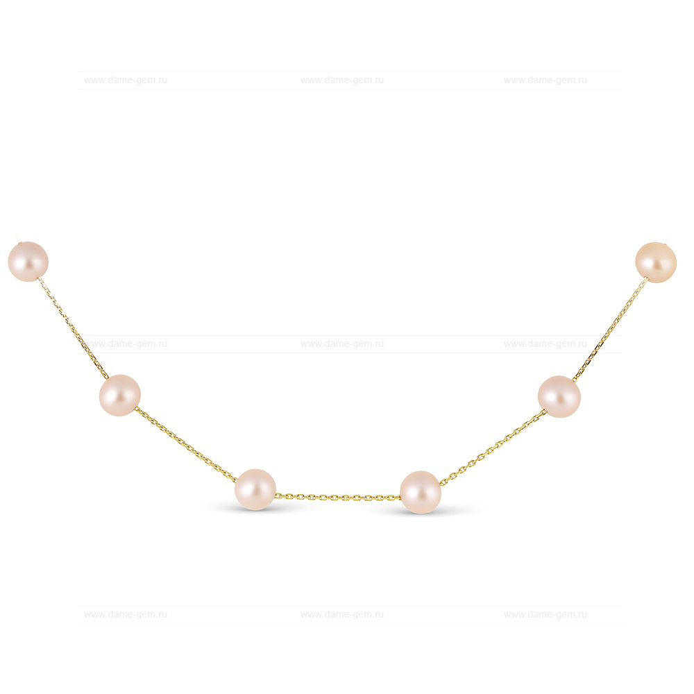 Цепочка из желтого золота 585 пробы с розовыми морскими жемчужинами 7-7,5 мм. Артикул 9104