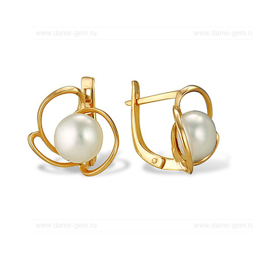 Серьги из желтого золота с белыми жемчужинами 7,5-8 мм. Артикул 9140