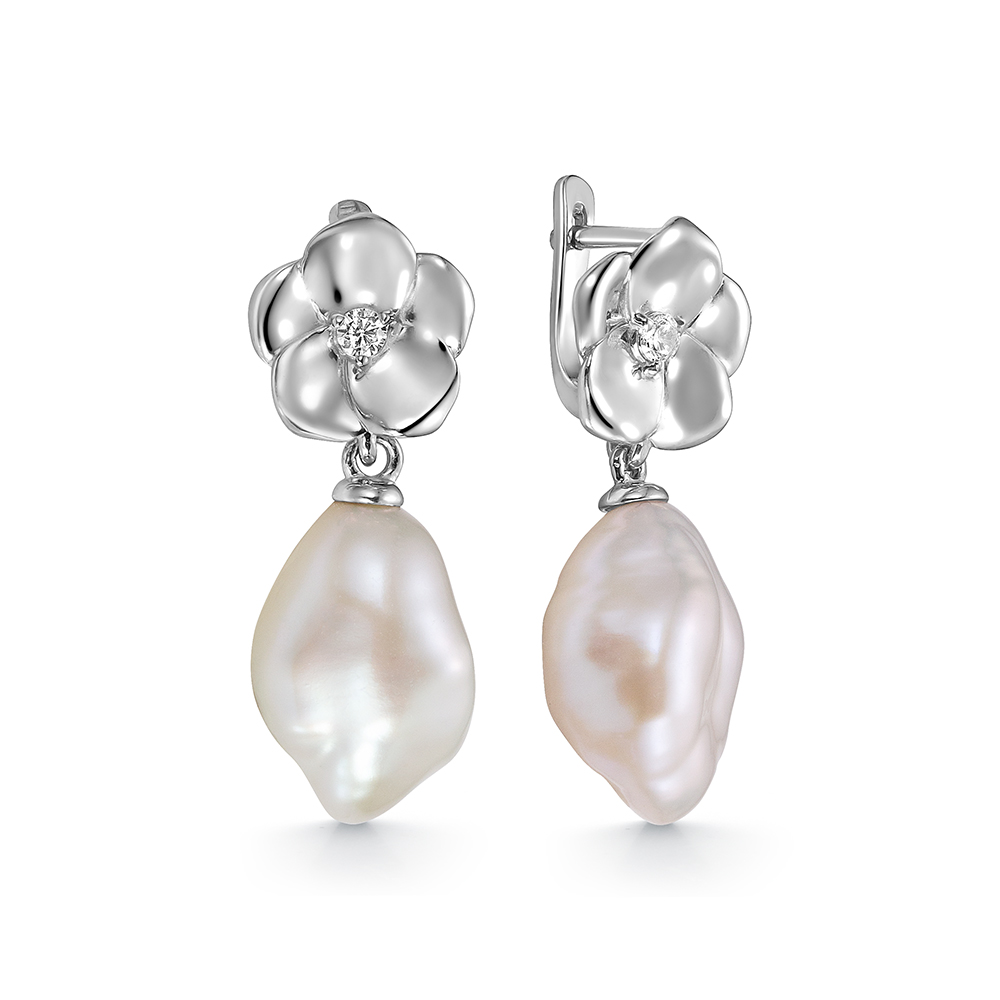 Серьги из серебра 925 пробы с белыми барочными жемчужинами 11-14 мм. Артикул 10506