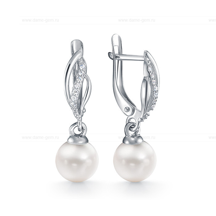 Серьги из белого золота с белыми жемчужинами 9,5-10 мм. Артикул 12869
