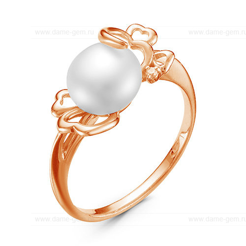 Кольцо из красного золота 585 пробы с белой жемчужиной 7,5-8 мм. Артикул 12774