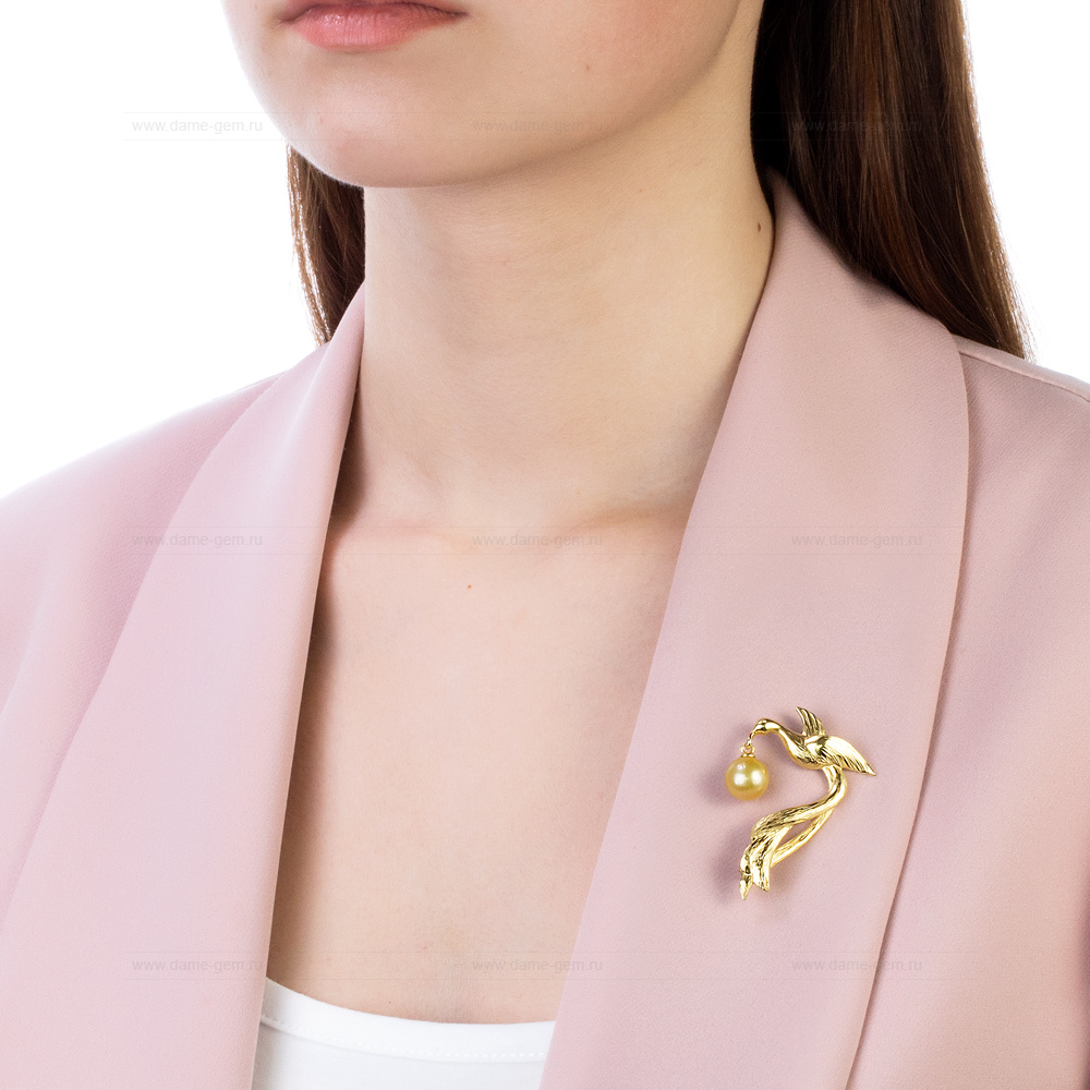 Брошь "Птица" из серебра с морской Австралийской жемчужиной 10-10,5 мм. Артикул 12537