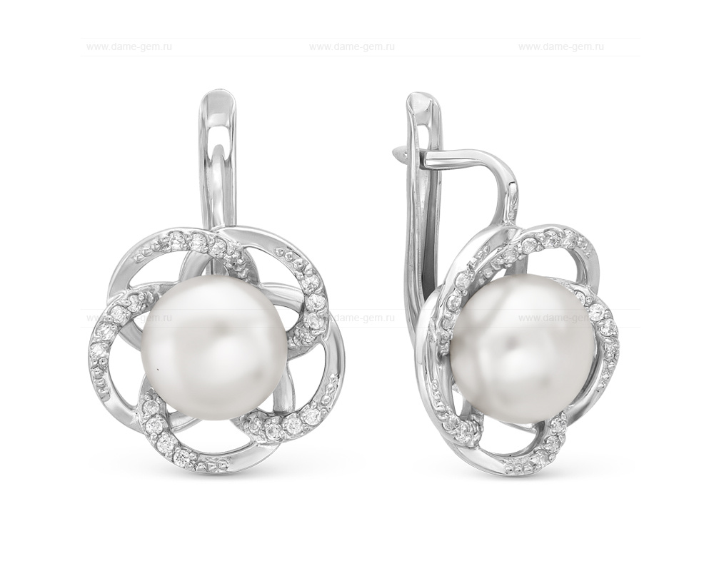Серьги из серебра с белыми жемчужинами 8 мм. Артикул 11467