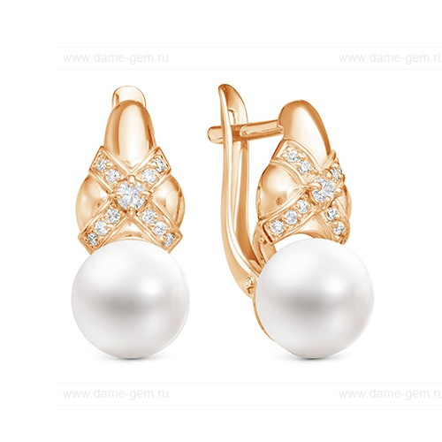 Серьги из красного золота с белыми жемчужинами 9,5-10 мм. Артикул 12775