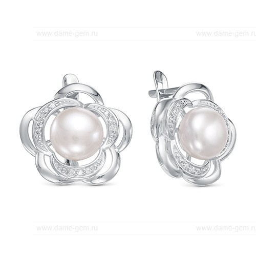 Серьги из серебра с белыми жемчужинами 8 мм. Артикул 11306