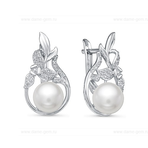 Серьги из серебра с белыми жемчужинами 8-8,5 мм. Артикул 9619