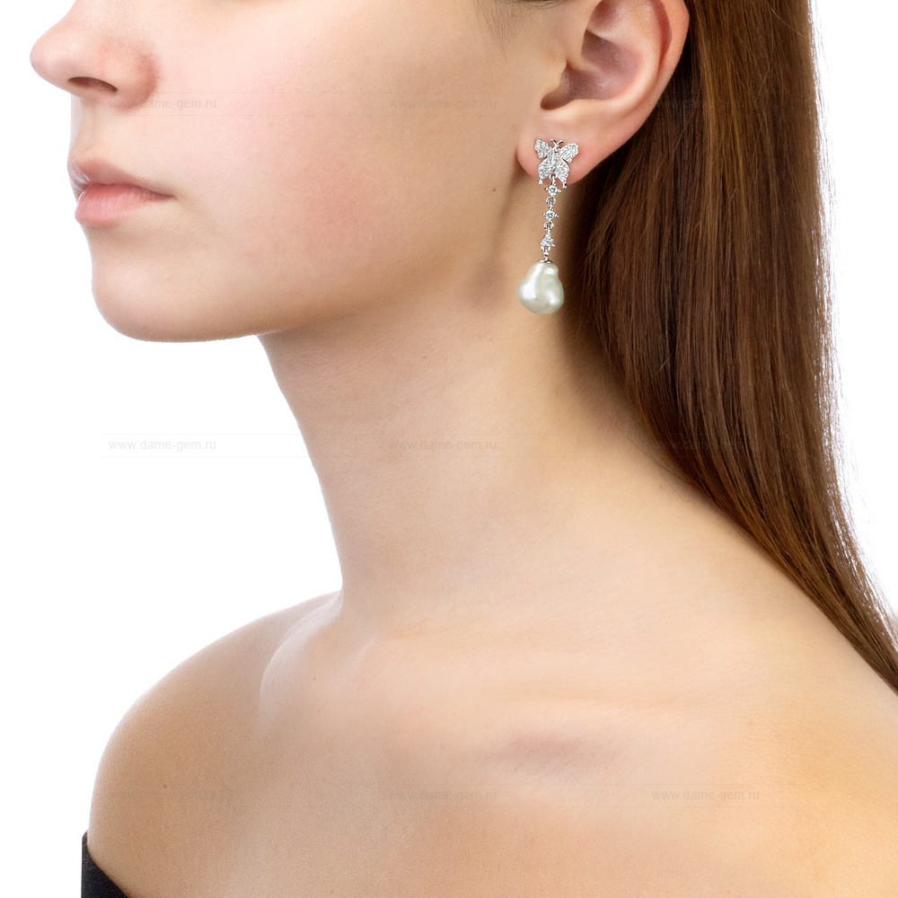 Серьги из серебра с белыми барочными жемчужинами 11-14 мм. Артикул 12420