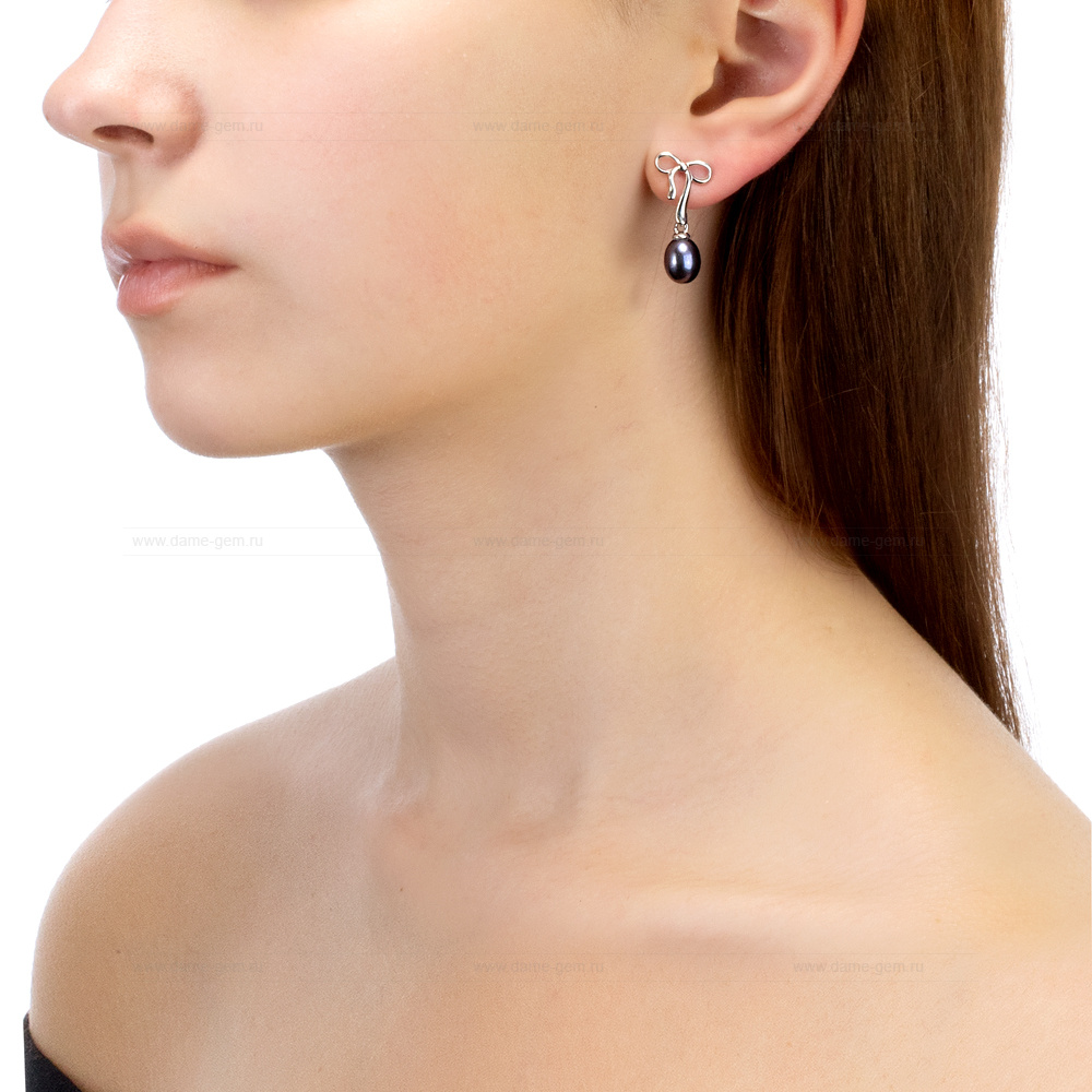Серьги из серебра с черными жемчужинами "капля" 7,5-8 мм. Артикул 12465
