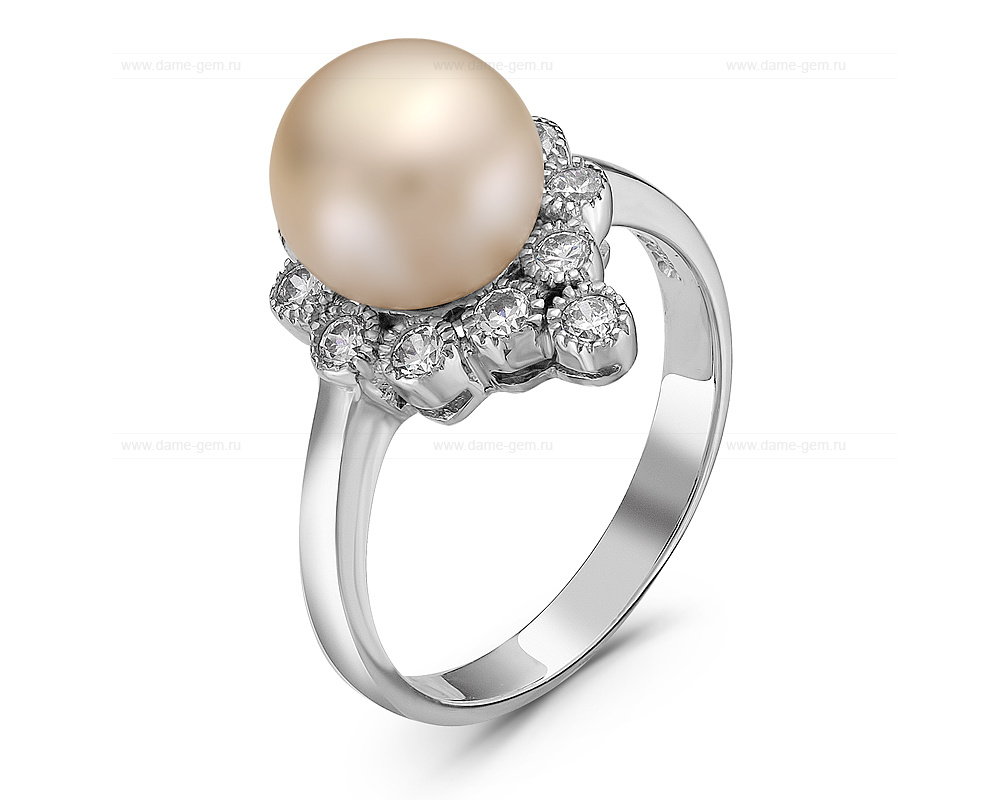 Кольцо из серебра 925 пробы с розовой жемчужиной 9 мм. Артикул 10517