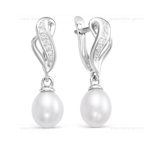 Серьги из серебра с белыми жемчужинами 7,5-8 мм. Артикул 12417