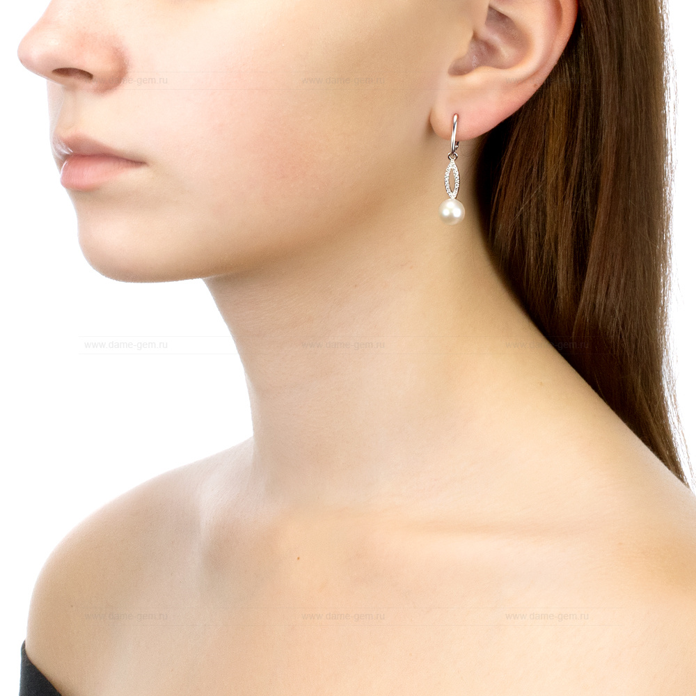 Серьги из серебра с белыми жемчужинами 8-8,5 мм. Артикул 11588