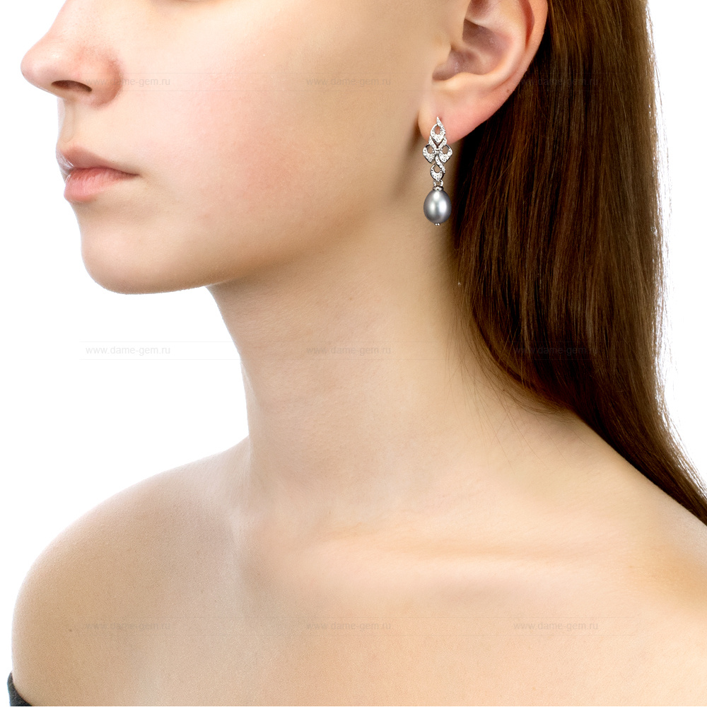 Серьги из серебра с серыми жемчужинами 10-11 мм. Артикул 11274