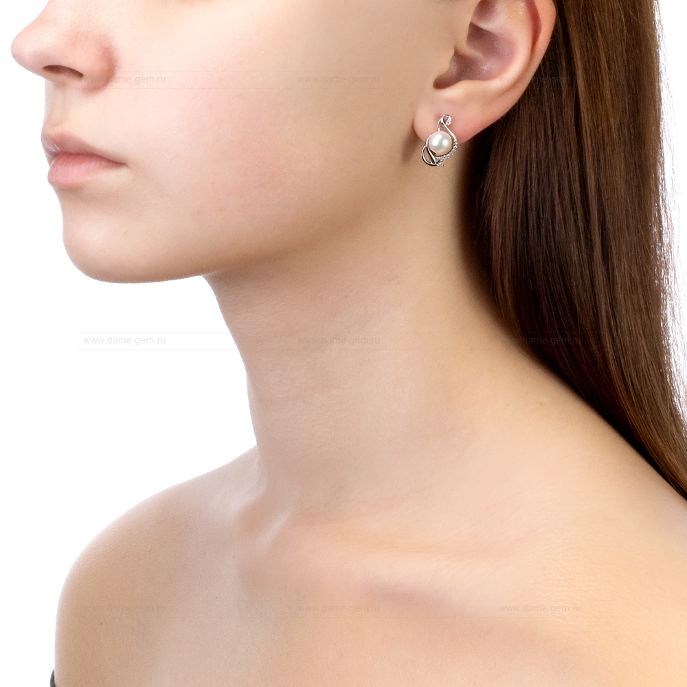 Серьги из серебра с белыми жемчужинами 7-7,5 мм. Артикул 10790