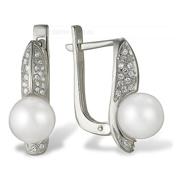 Серьги из серебра с белыми жемчужинами 8-8,5 мм. Артикул 11200