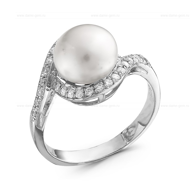 Кольцо из серебра 925 пробы с белой жемчужиной 8-9 мм. Артикул 10370