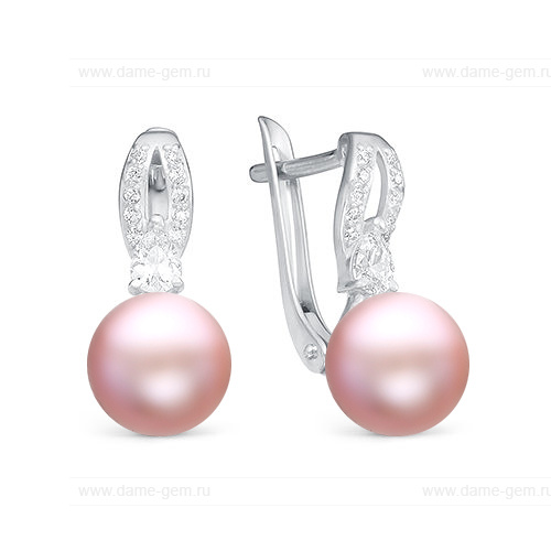 Серьги из серебра с розовыми жемчужинами 8,5-9 мм. Артикул 10437