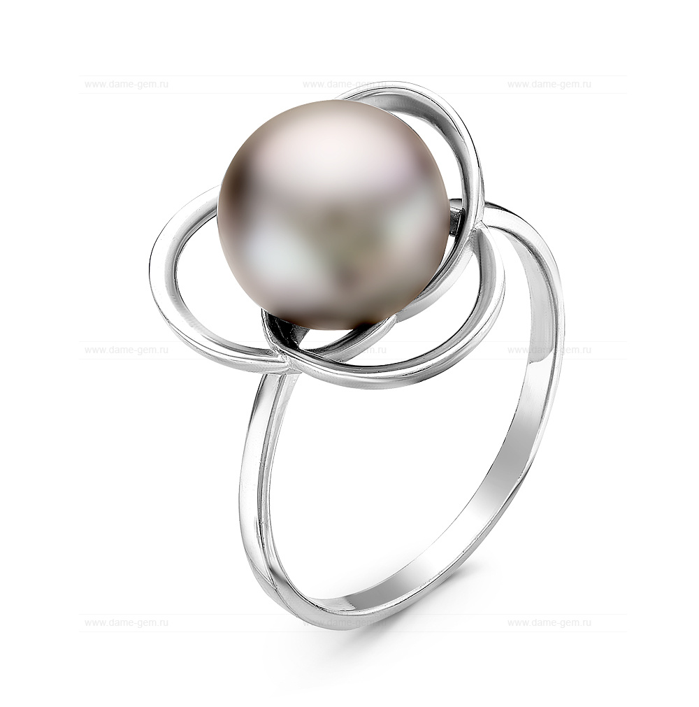 Кольцо из серебра 925 пробы с серебристой жемчужиной 10-10,5 мм. Артикул 10874