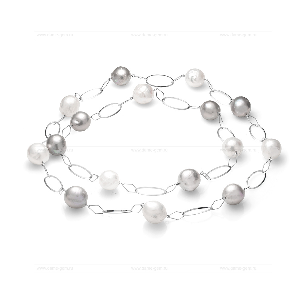 Колье из серебра 925 пробы с белыми и серыми барочными жемчужинами 13-16 мм. Артикул 11604