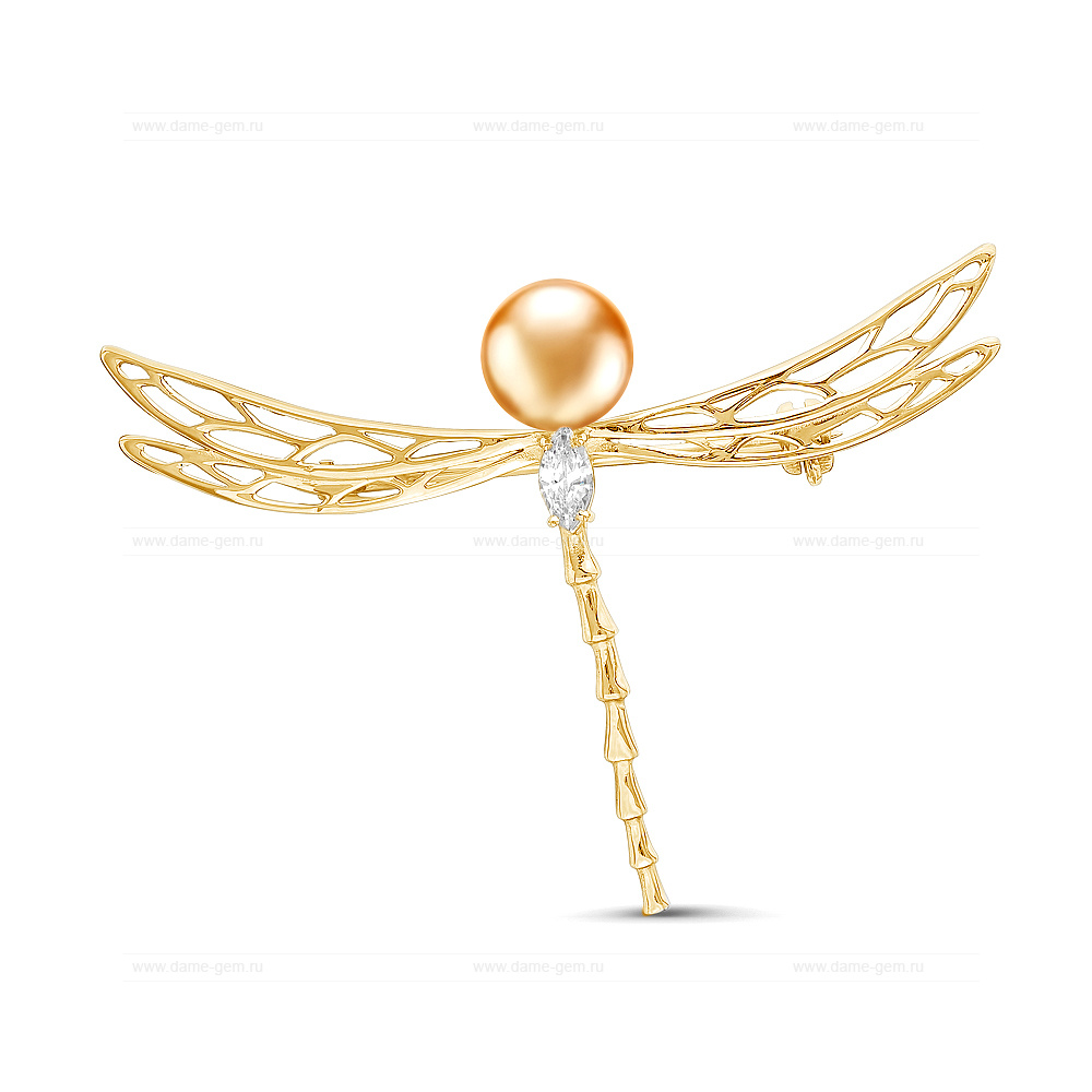 Брошь из серебра с золотистой морской жемчужиной Акойя 7,5-8 мм. Артикул 12549