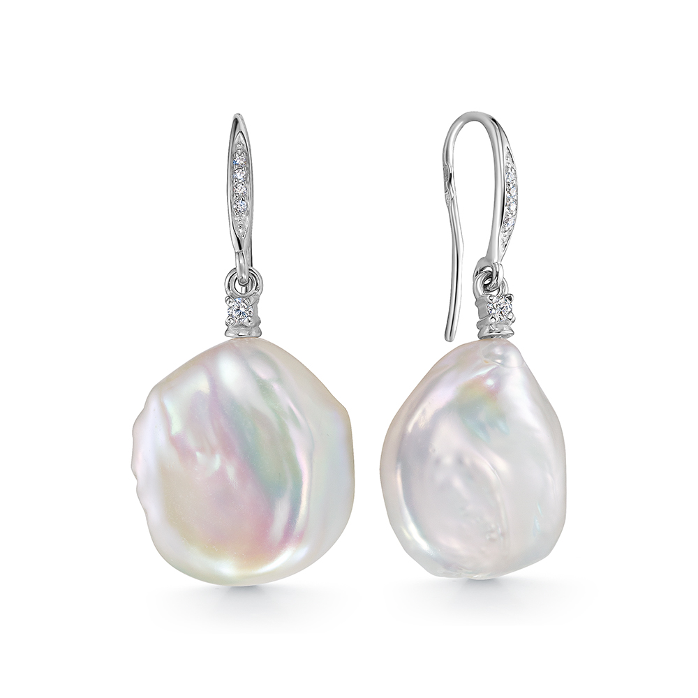 Серьги из серебра 925 пробы с белыми барочными жемчужинами 17-18 мм. Артикул 105033