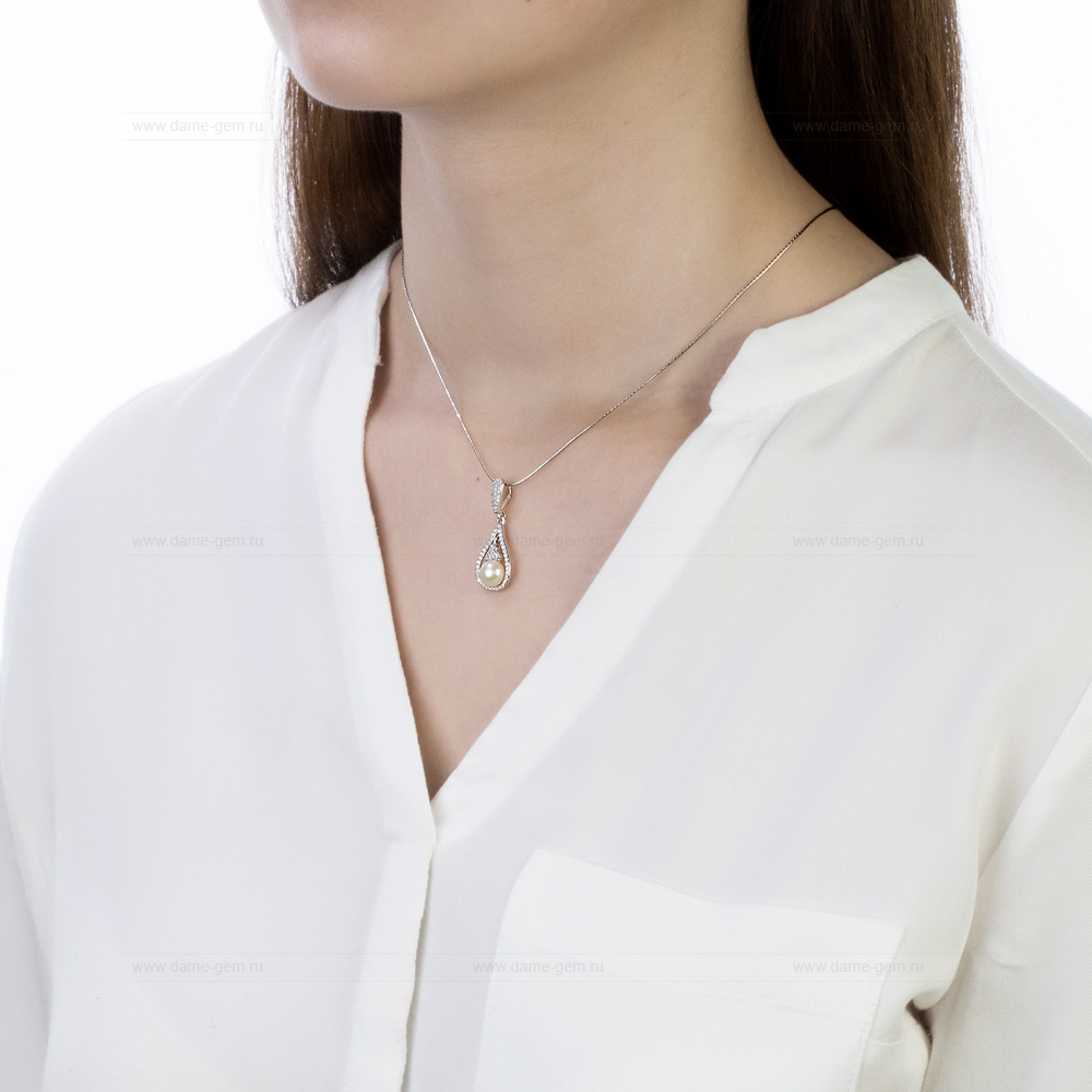 Кулон из серебра с белой речной жемчужиной 7 мм. Артикул 12585