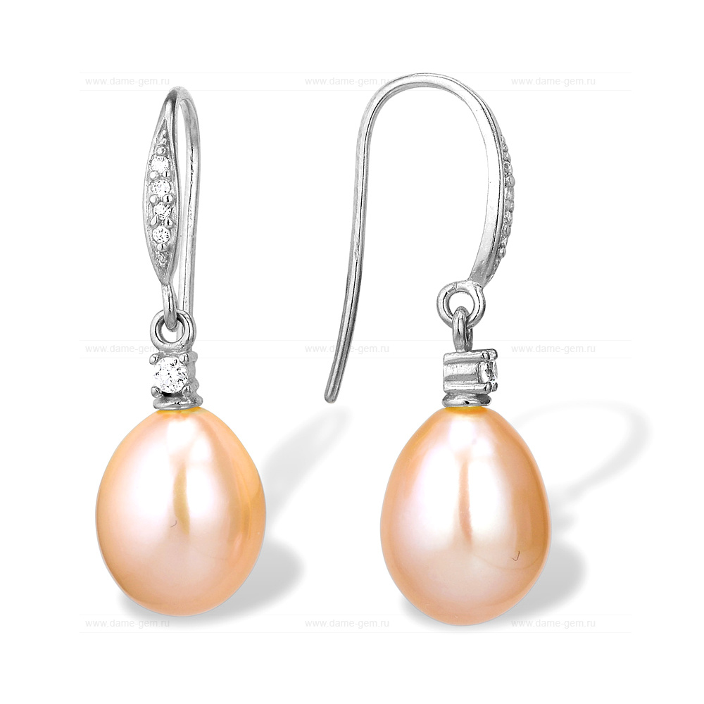 Серьги из серебра с розовыми жемчужинами 7,5-8 мм. Артикул 10110
