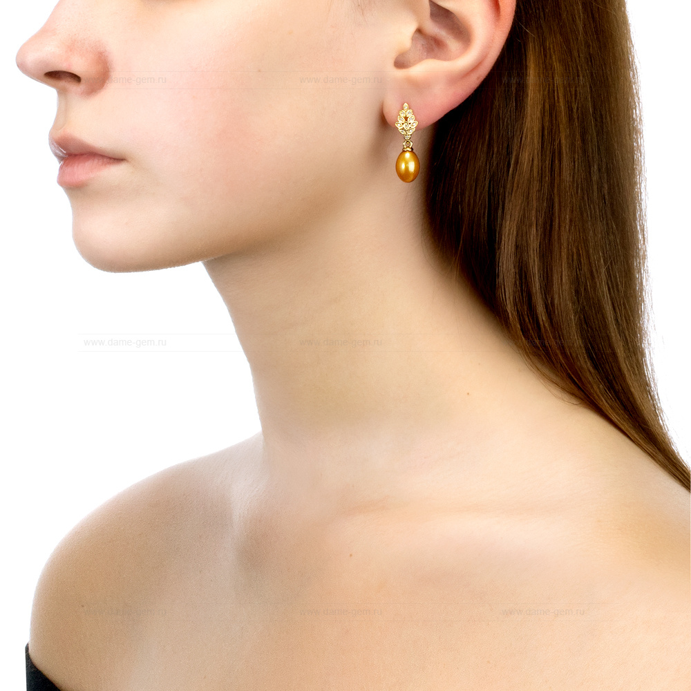 Серьги из серебра с золотистыми жемчужинами "капля" 8-8,5 мм. Артикул 12545