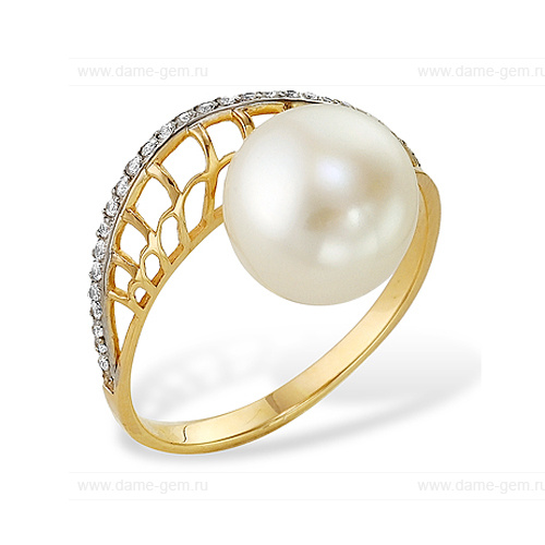 Кольцо из желтого золота 585 пробы с белой жемчужиной 7,5-8 мм. Артикул 12007
