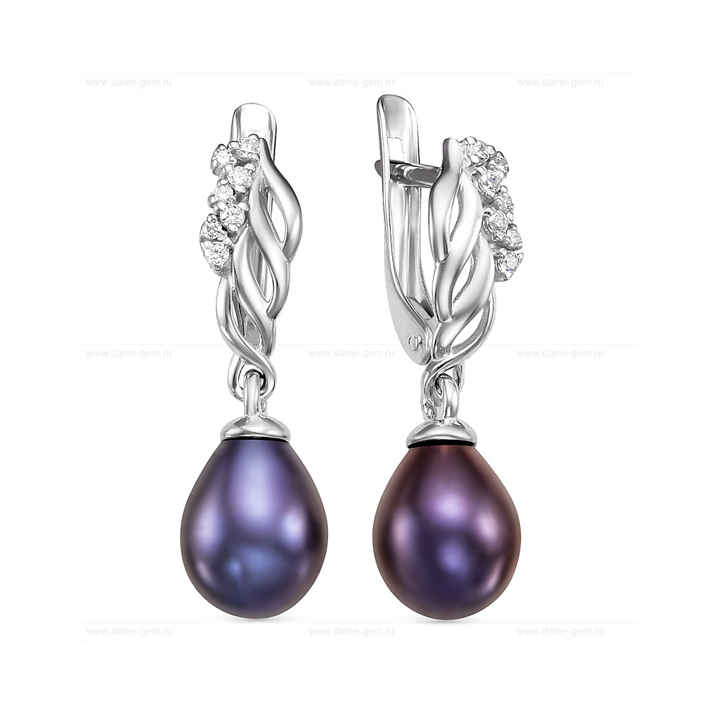 Серьги из серебра с черными жемчужинами "капля" 7,5-8 мм. Артикул 12472