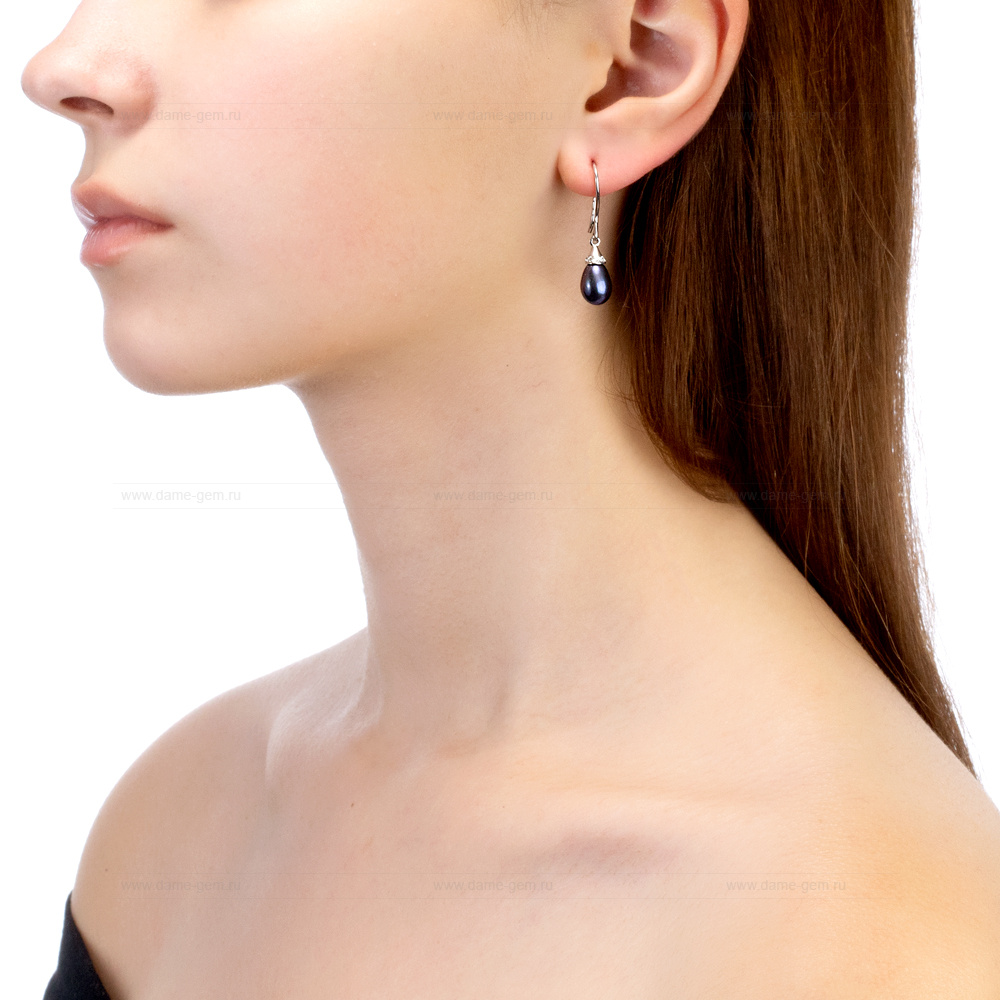 Серьги из серебра с черными жемчужинами "капля" 7,5-8 мм. Артикул 12464