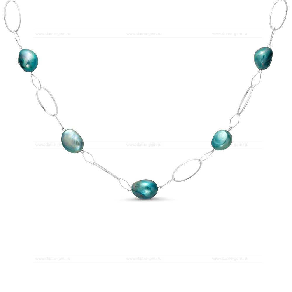 Колье из серебра 925 пробы с голубыми барочными жемчужинами 12-12,5 мм. Артикул 10763