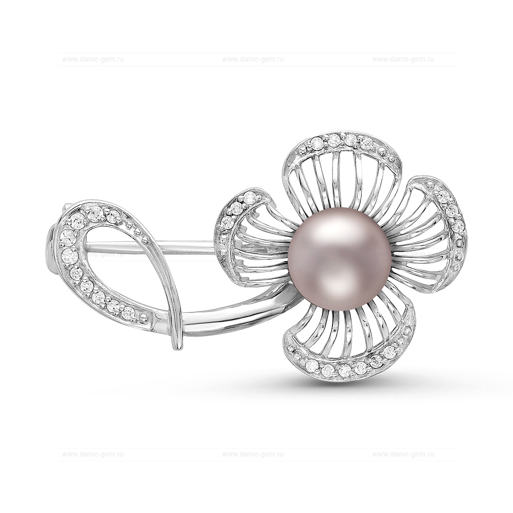 Брошь из серебра с розовой речной жемчужиной 7,5-8 мм. Артикул 11069
