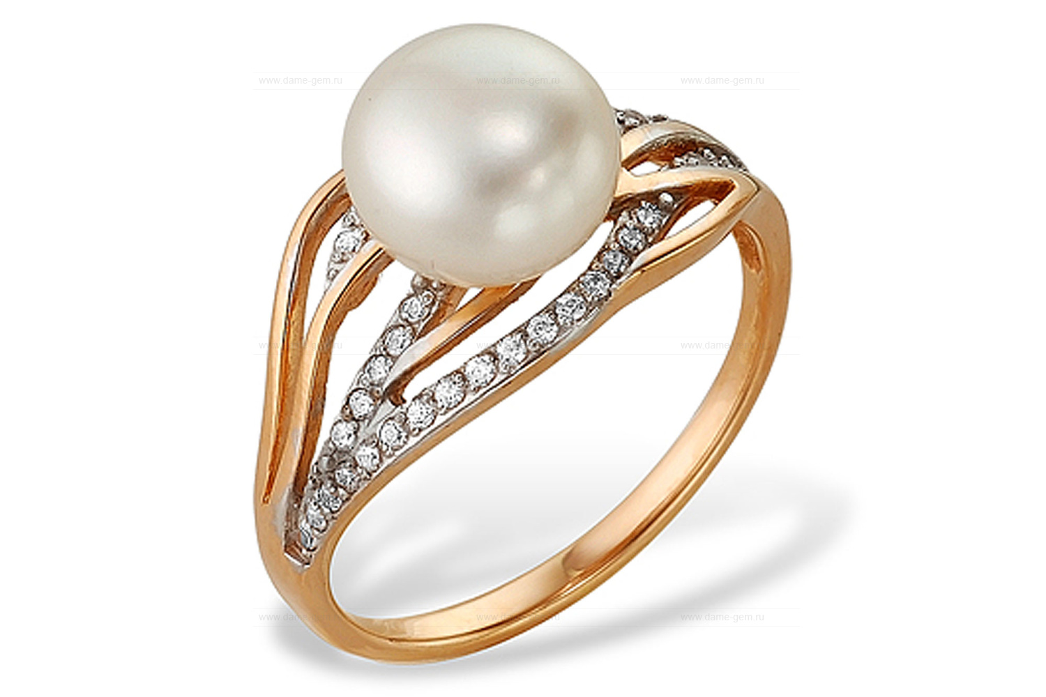 Кольцо из красного золота 585 пробы с белой жемчужиной 8-9 мм. Артикул 9547