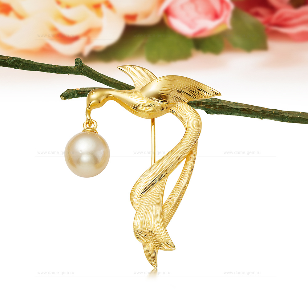 Брошь "Птица" из серебра с морской Австралийской жемчужиной 10-10,5 мм. Артикул 12537