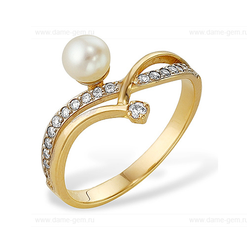 Кольцо из желтого золота 585 пробы с белой жемчужиной 7-7,5 мм. Артикул 12026