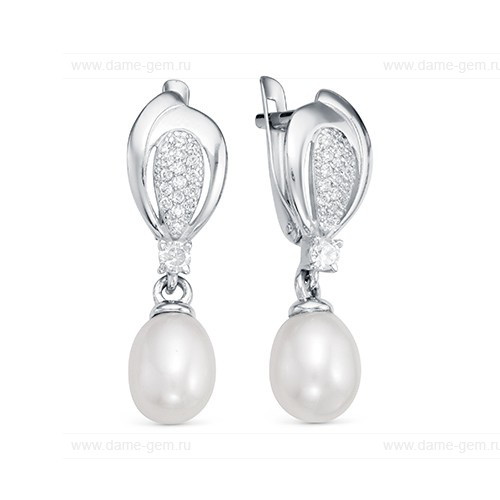 Серьги из белого золота с белыми жемчужинами 9-10 мм. Артикул 12846