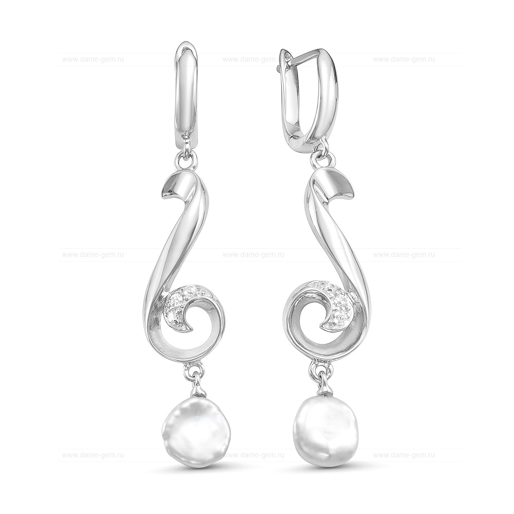 Серьги из серебра с белыми барочными жемчужинами 8 мм. Артикул 9609
