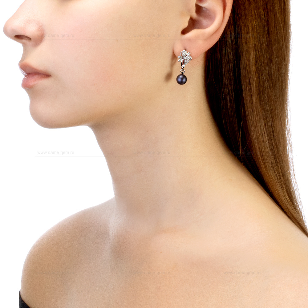 Серьги из серебра с черными жемчужинами 7,5-8 мм. Артикул 11080