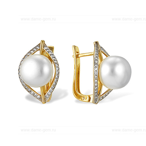 Серьги из желтого золота с белыми жемчужинами 8-8,5 мм. Артикул 9128