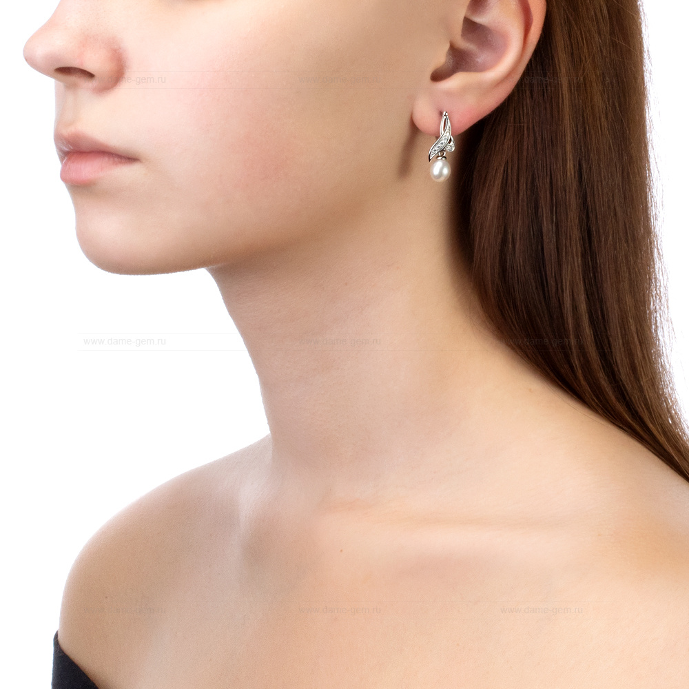 Серьги из серебра с белыми жемчужинами 7,5-8 мм. Артикул 9403