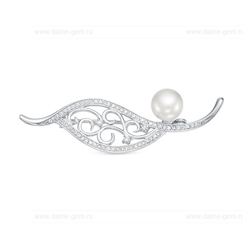 Брошь из серебра с белой жемчужиной 9,5-10 мм. Артикул 11943