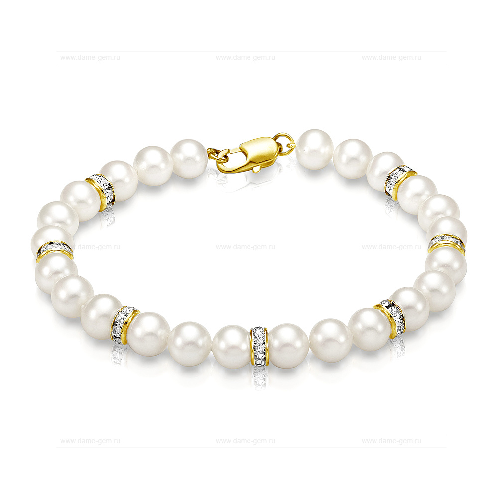 Браслет со стразами из белого речного жемчуга 8-8,5 мм. Качество жемчуга наивысшее ААА. Артикул 9321