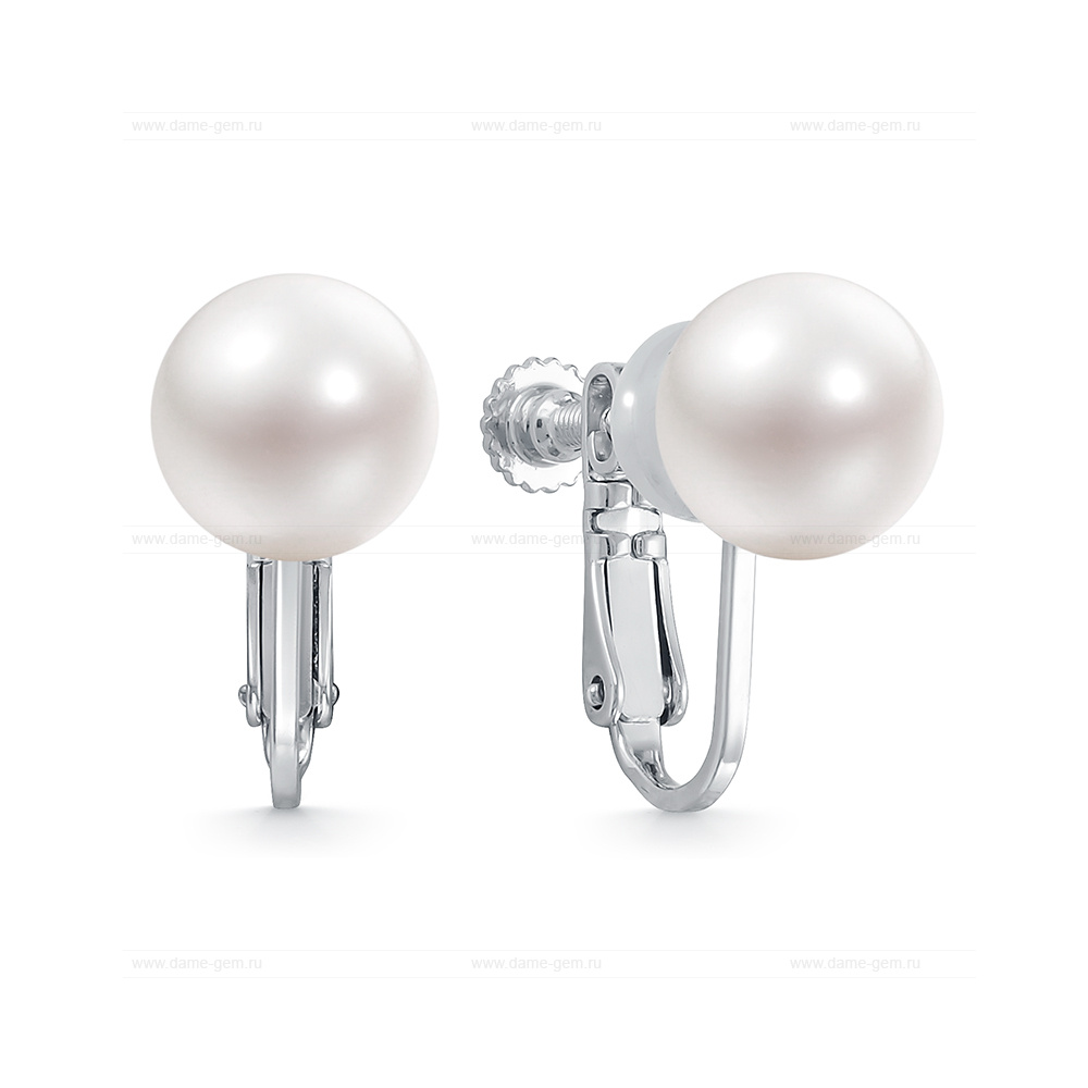 Серьги-клипсы из серебра с белыми речными жемчужинами 9,5-10 мм. Артикул 10221