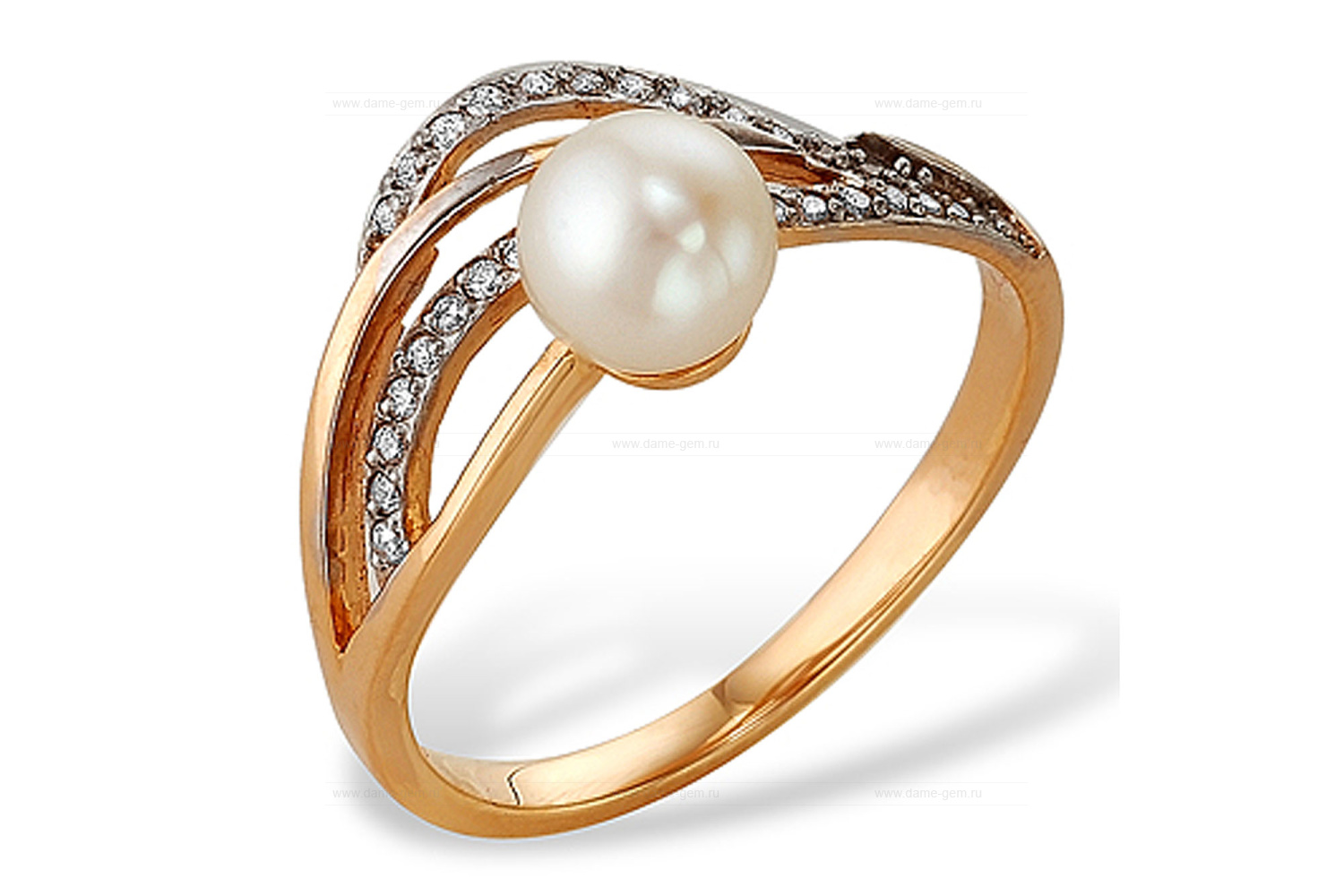 Кольцо из красного золота 585 пробы с белой жемчужиной 8,5-9 мм. Артикул 9553