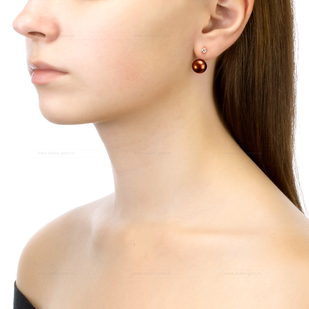 Двойные пусеты "Dior" из серебра с шоколадными жемчужинами 10-10,5 мм. Артикул 10824