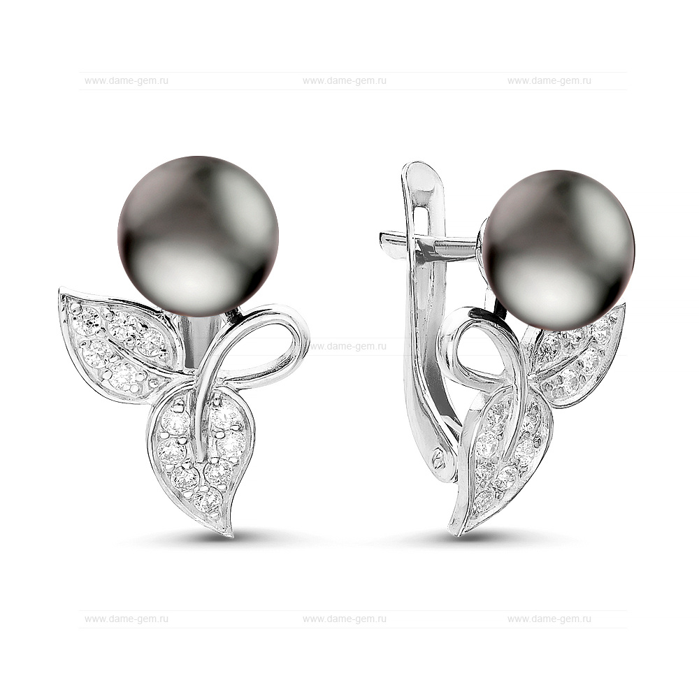 Серьги из серебра с черными жемчужинами 7-7,5 мм. Артикул 10796