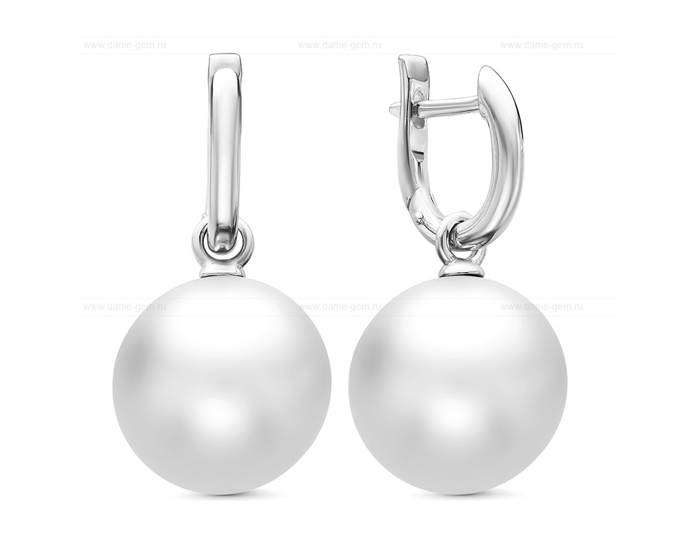 Серьги из серебра с японскими белыми жемчужинами 13-14 мм. Артикул 11892