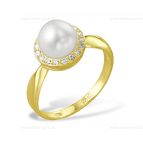 Кольцо из серебра 925 пробы с белой жемчужиной 8-8,5 мм. Артикул 10076