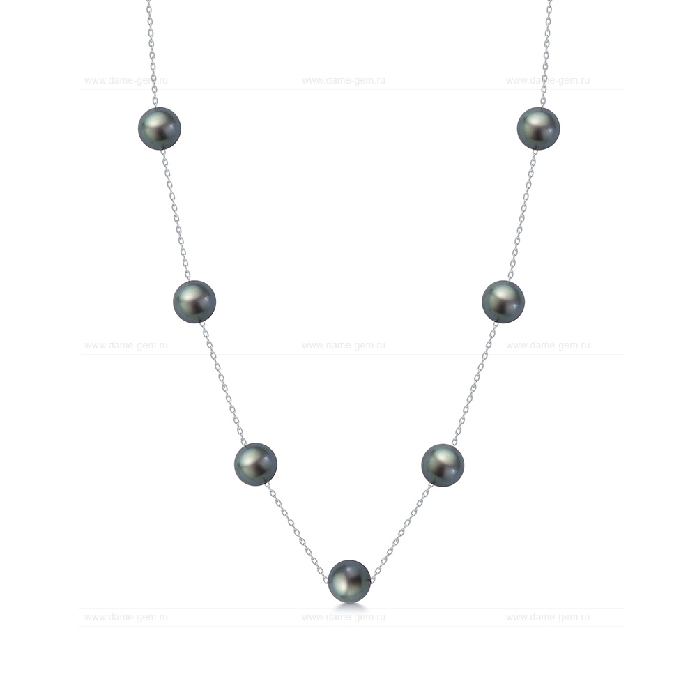 Цепочка из белого золота 585 пробы с черными жемчужинами Акойя 8,5-9 мм. Артикул 12604